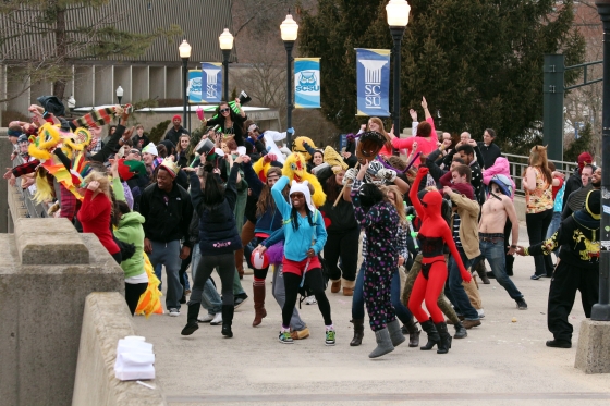 Photo Courtesy | Mark TiborSouthern students gather to do the “Harlem Shake” on the crossing bridge on Friday Feb. 22