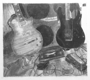 John Deichendes' dual-guitar drawing. Photo Credit, John Deschenes